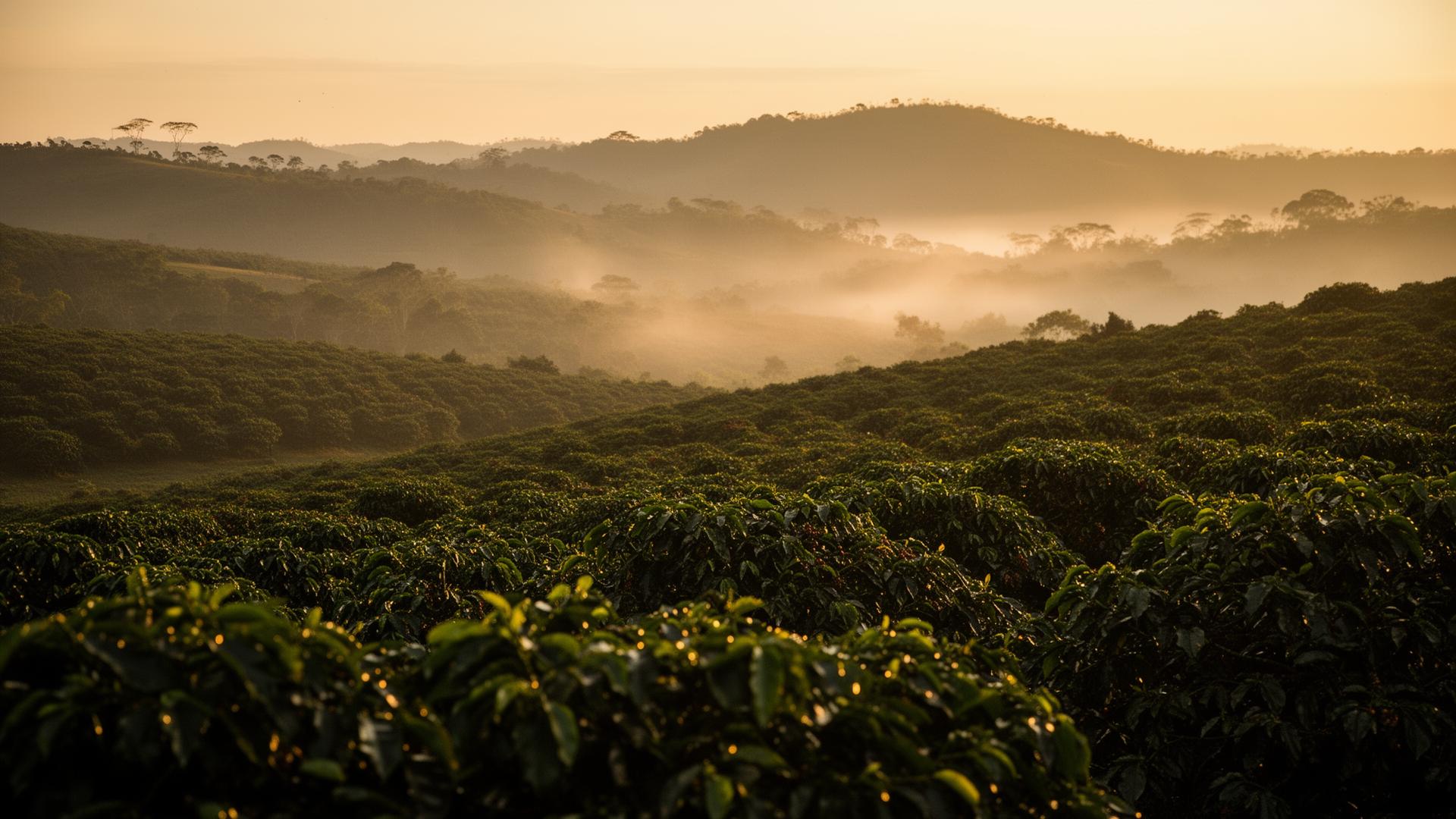 Plantação de café especial brasileiro ao amanhecer